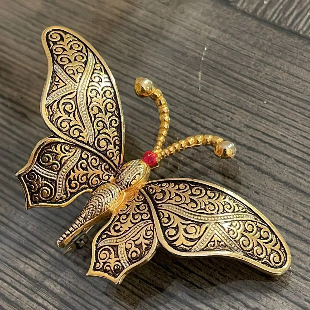 Vintage Damascene Butterfly Pin - Brooch Filigree Design Marked Spain